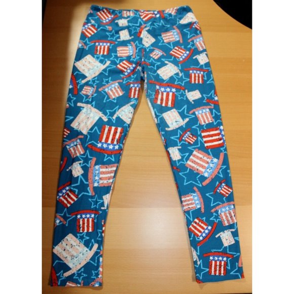 Womens Lularoe Tween Red White Blue American Flag Top Hat Leggings Tall & Curvy - Picture 1 of 7